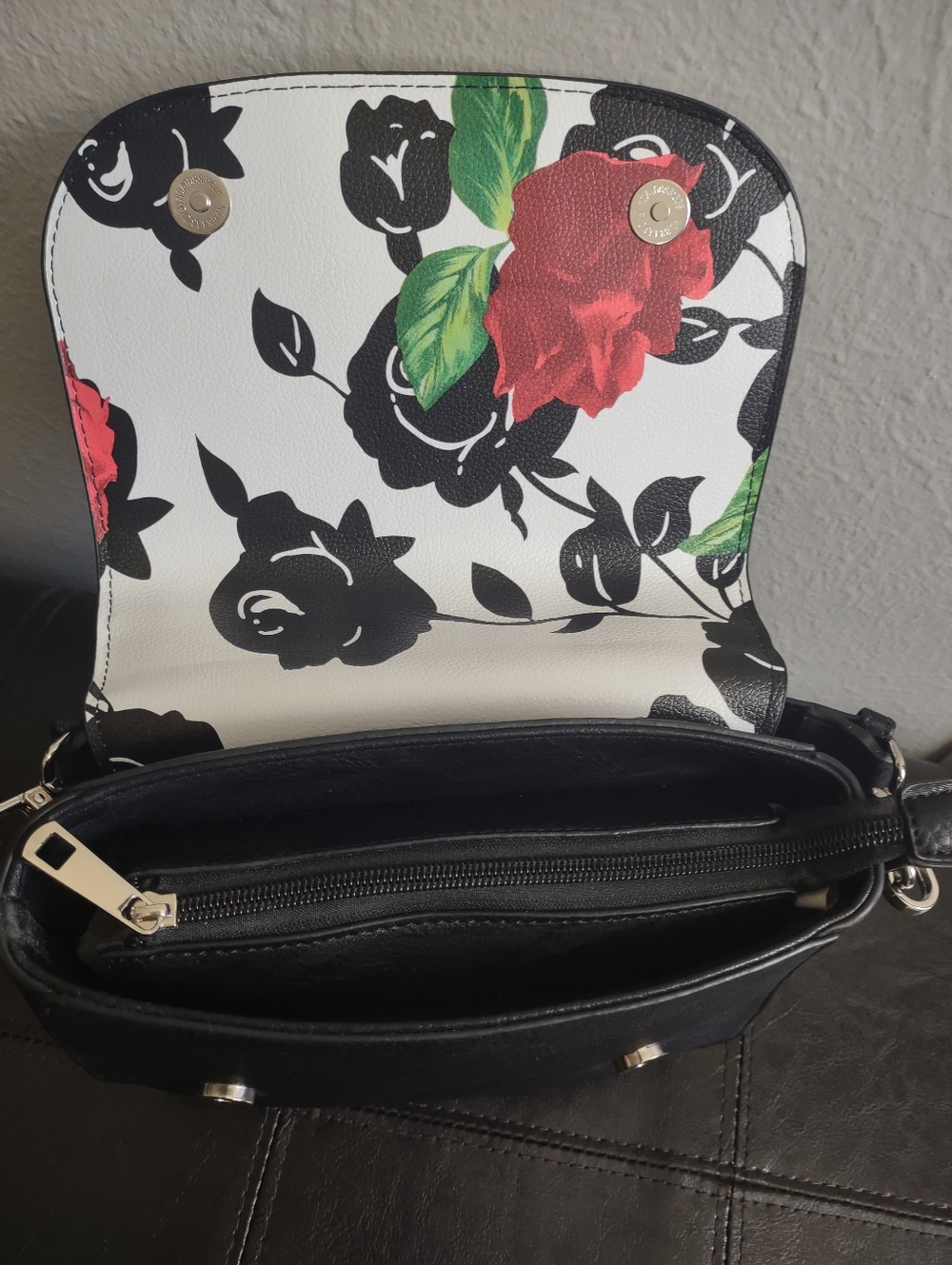K. Carroll Accessories Floral Rose Crossbody Handbag - Black White & Red - Picture 13 of 16